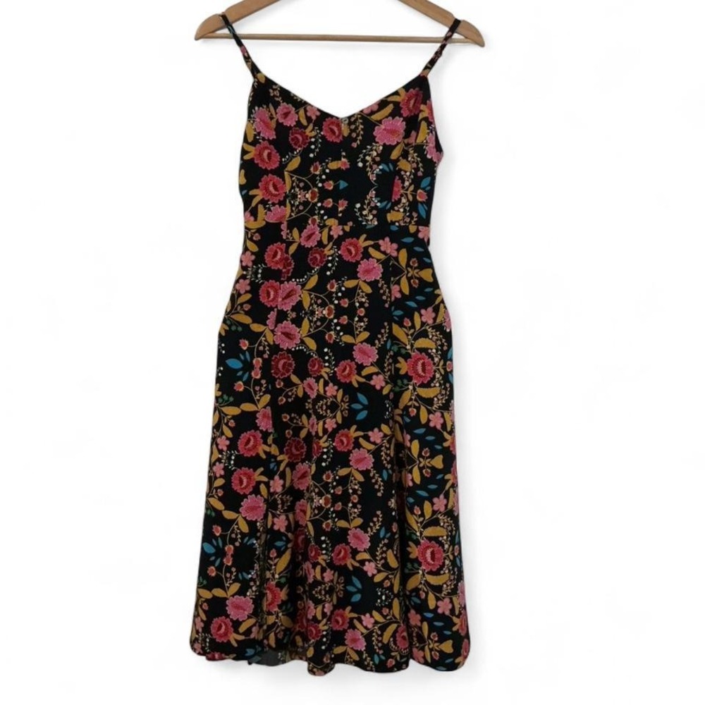 Express Floral Midi Dress Womens XS Black Pink Excellent Front Slit Sundress - Picture 2 of 8